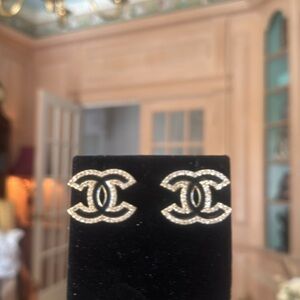 CHANEL Gold tone black enamel and Crystal Double C Stud Earrings signed in back
